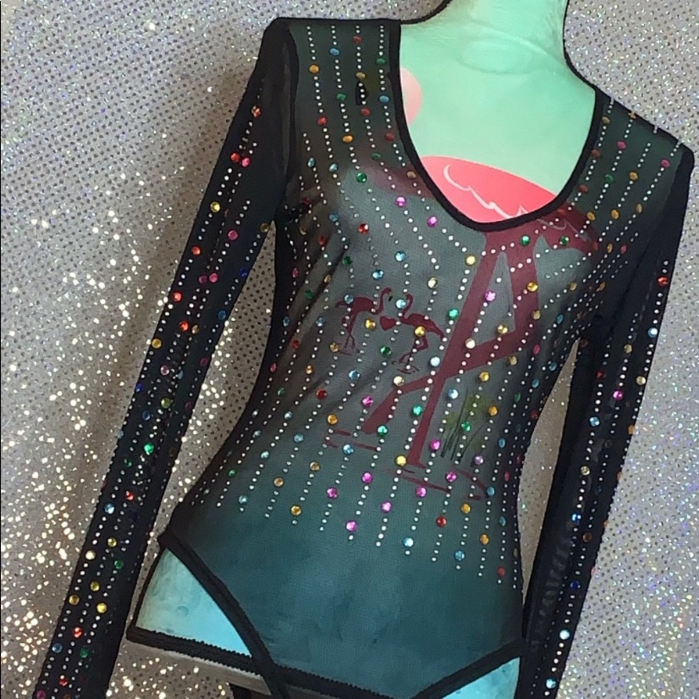 Rhinestone Long sleeve Mesh Leotard